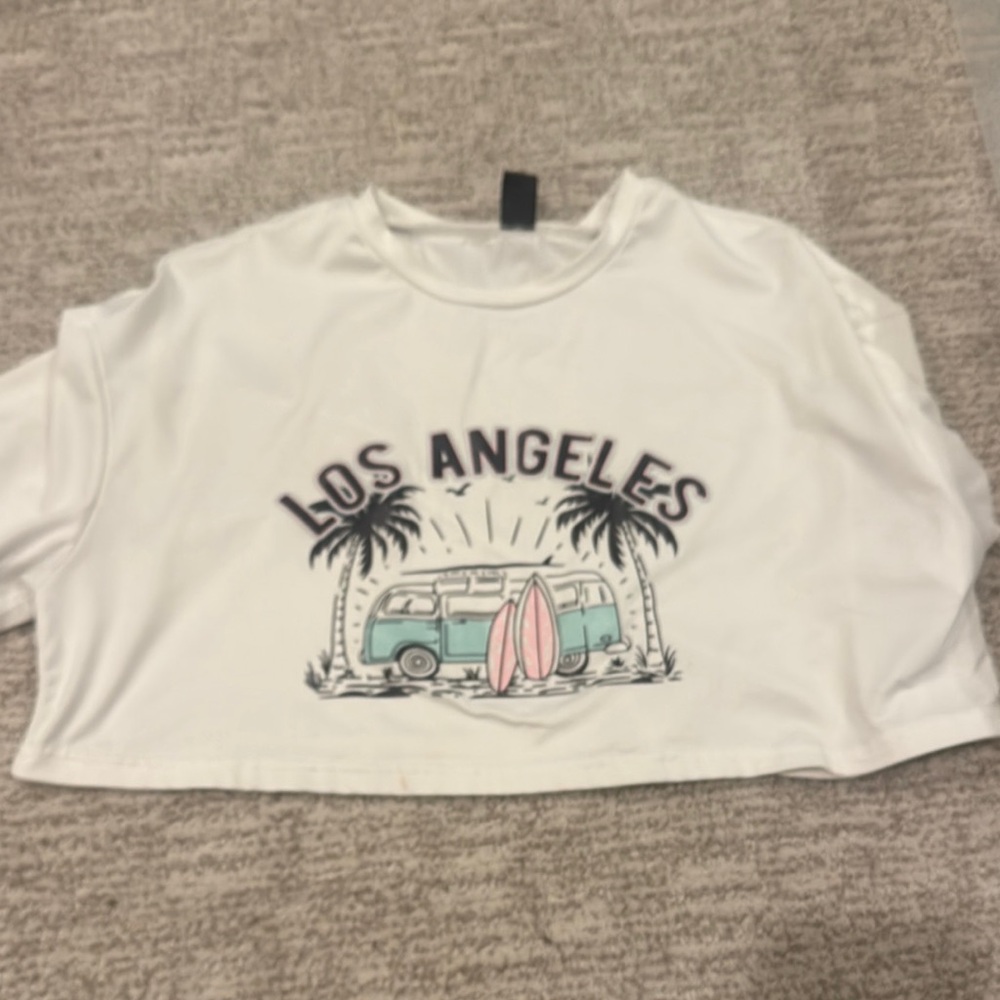 Los Angeles Graphic Crop Top - White with Aqua & Pink Details